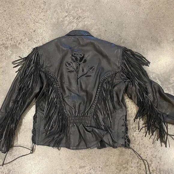 Black Leather Vintage Biker Jacket with Fringe and Rose Detail - Picture 7 of 13